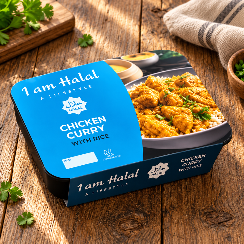 I am Halal chicken curry with rice ready meal in blue-sleeved packaging on a wooden table