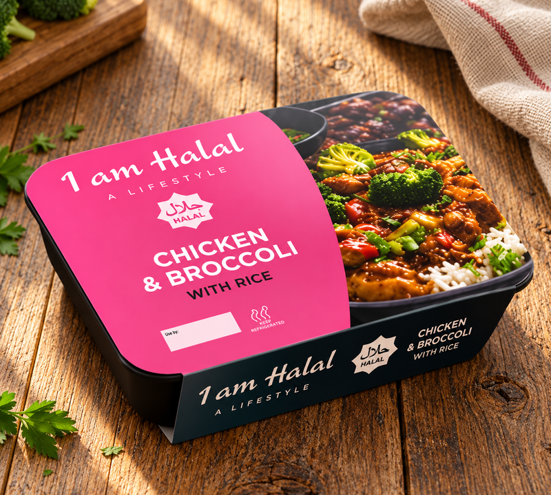 I am Halal chicken and broccoli with rice ready meal in pink-sleeved packaging on a wooden table
