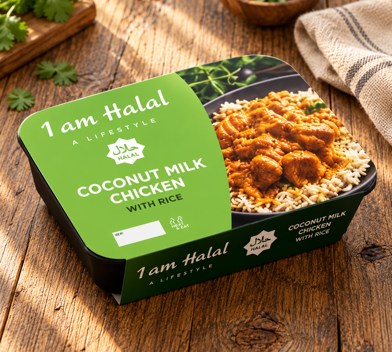 I am Halal coconut milk chicken with rice ready meal in green-sleeved packaging on a wooden table