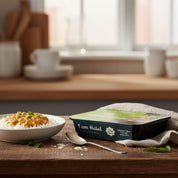 Halal coconut milk chicken with rice ready meal in black tray packaging, 360g chilled halal chicken dish