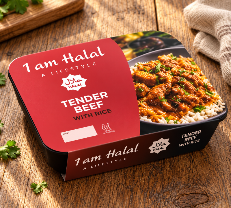 I am Halal tender beef with rice ready meal in red-sleeved packaging on a wooden table