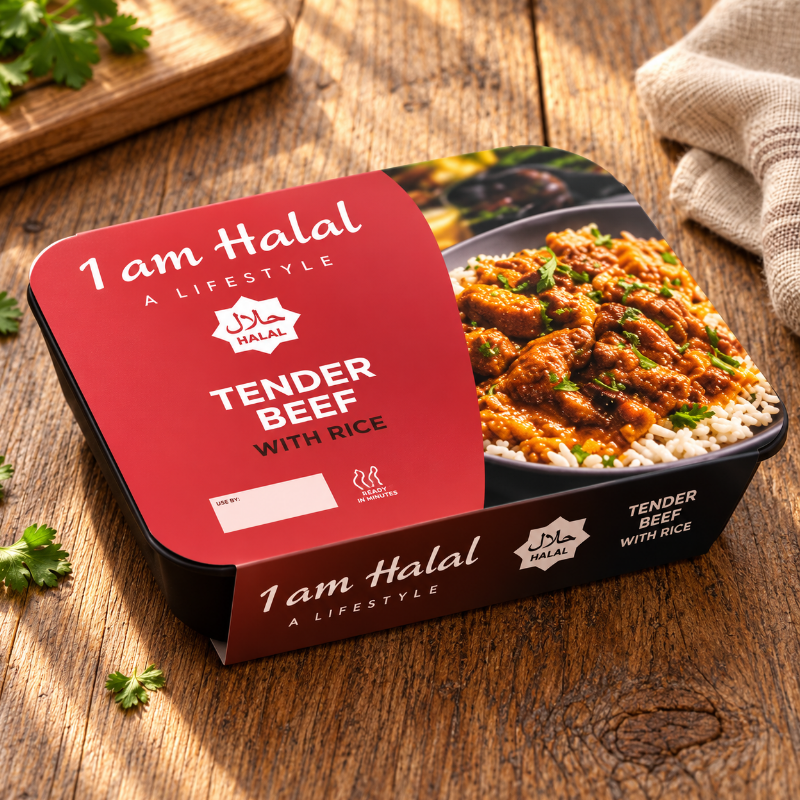I am Halal tender beef with rice ready meal in red-sleeved packaging on a wooden table