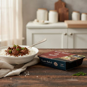 Halal tender beef with rice ready meal in packaging, 360g chilled halal beef meal