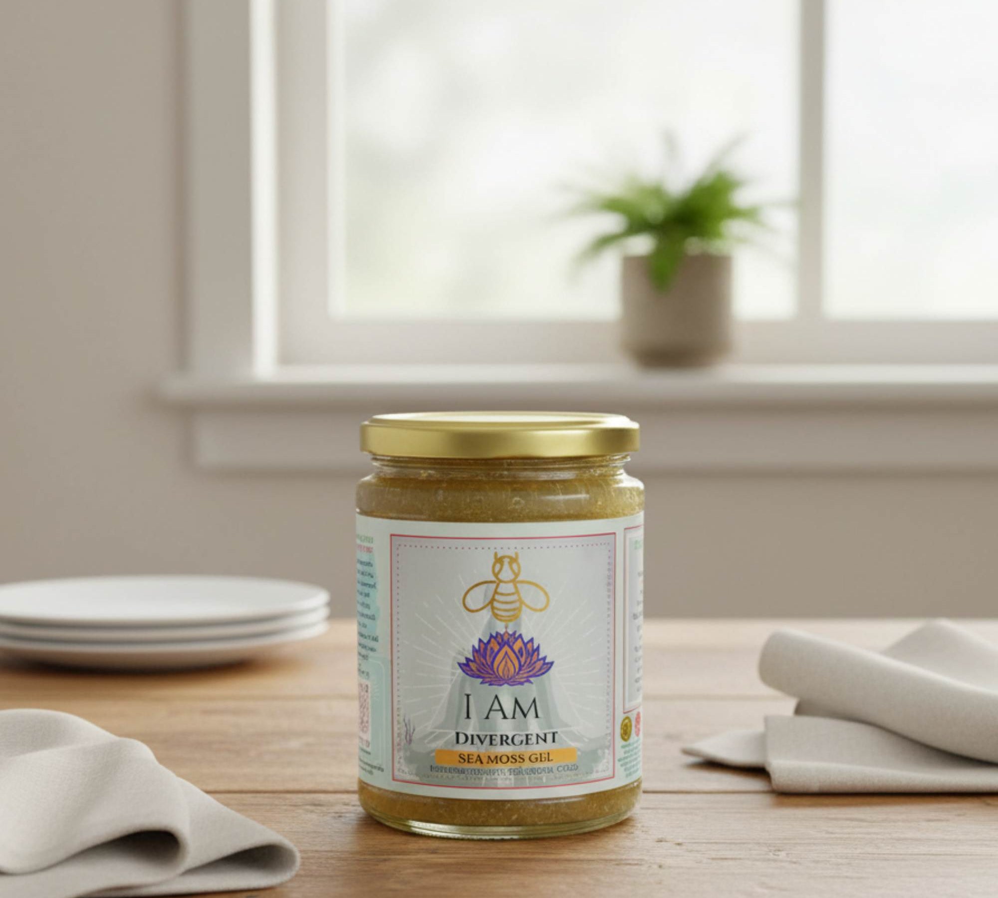 Jar of 'I AM Divergent' sea moss gel on a wooden table with a window in the background
