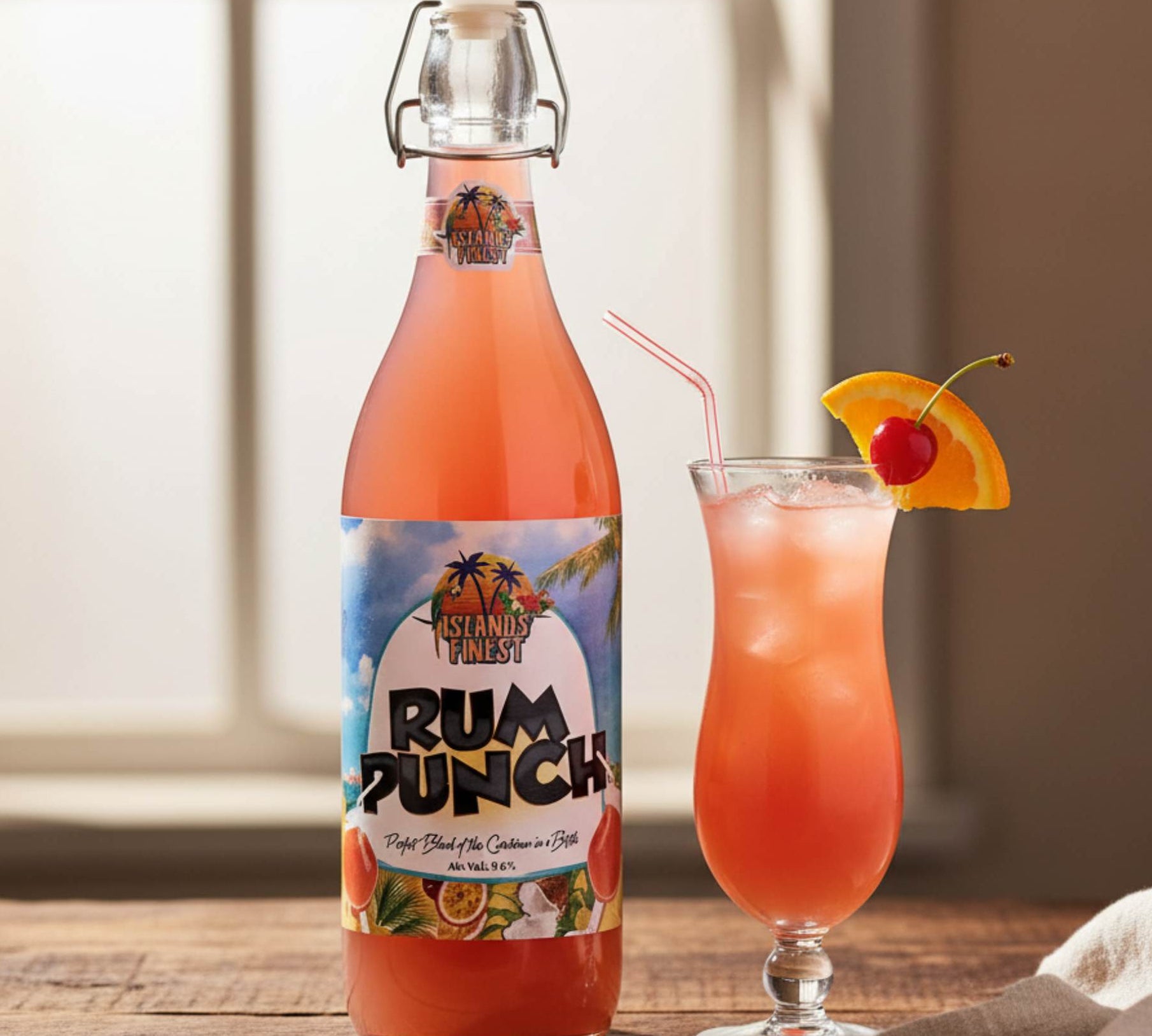 Bottle of 'Island's Finest Rum Punch' with a glass of the drink garnished with a cherry and orange slice on a wooden surface.