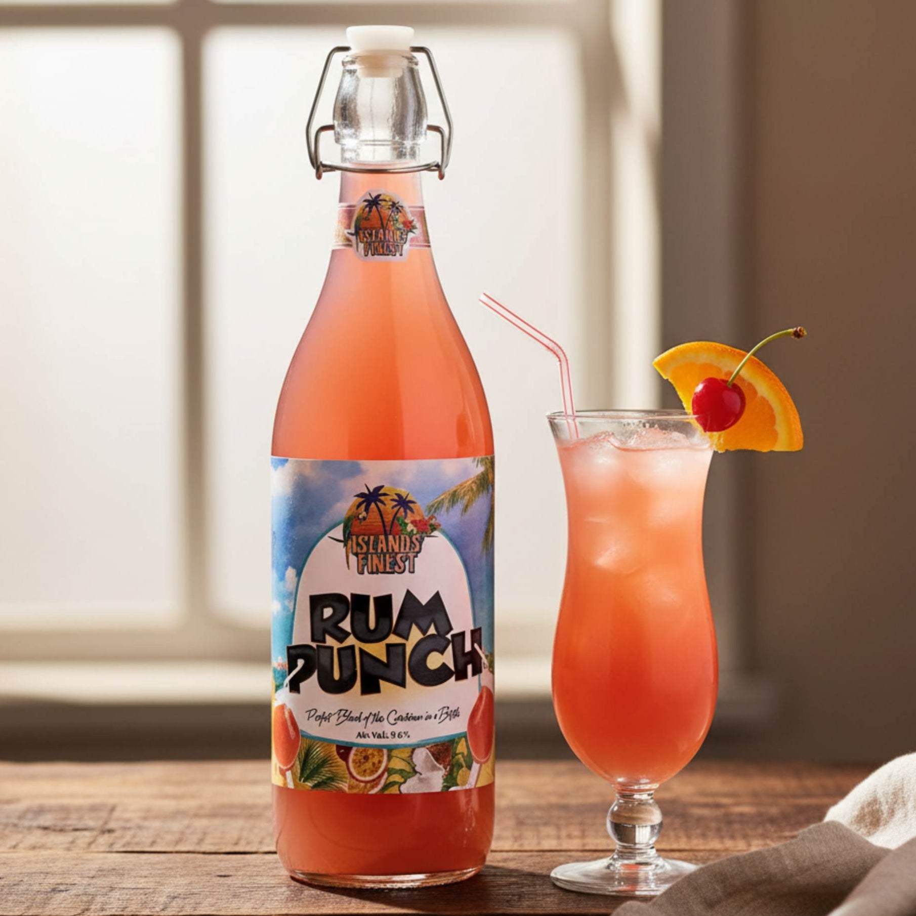 Bottle of 'Island's Finest Rum Punch' with a glass of the drink garnished with a cherry and orange slice on a wooden surface.