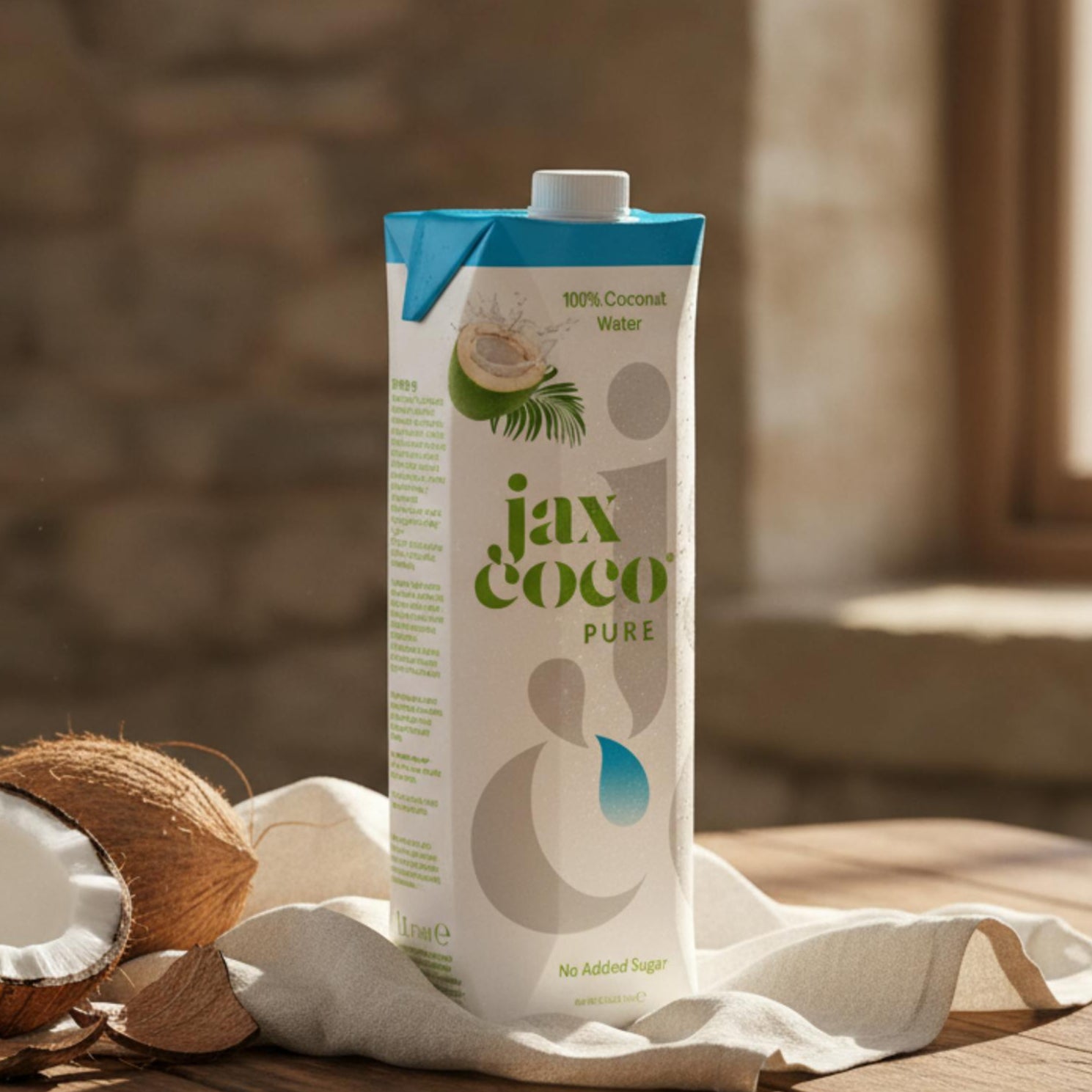 Carton of jax coco pure coconut water on a wooden surface with a stone wall background