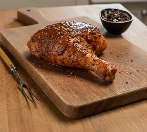 Jerk-marinated chicken leg quarter on a wooden board with jerk glaze and herbs – The Black Farmer.