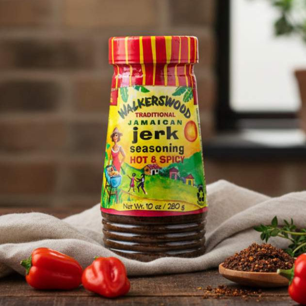 Walkerswood Jamaican jerk seasoning bottle on a wooden surface with peppers and herbs.