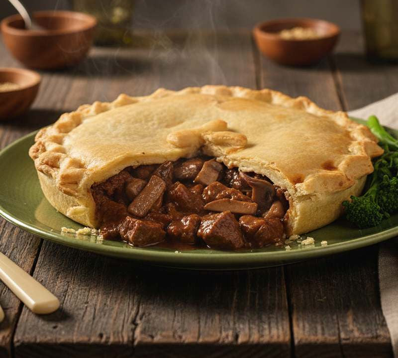 Family-size steak and mushroom pie with golden pastry and rich beef filling from The Black Farmer.