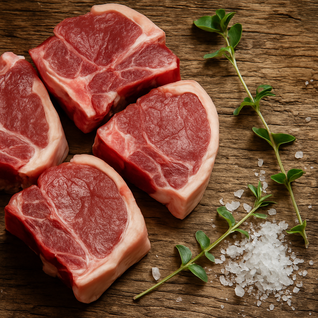 Four raw lamb loin chops arranged on a rustic wooden surface, free from seasoning or garnish.