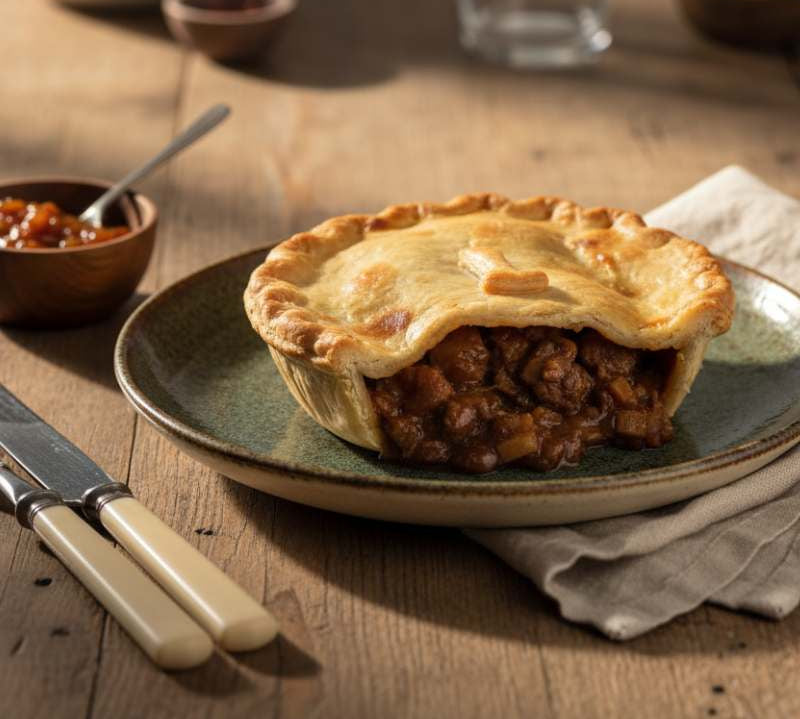 Golden shortcrust Lamb & Mint Pie 350g in packaging, showcasing rich lamb and mint filling.