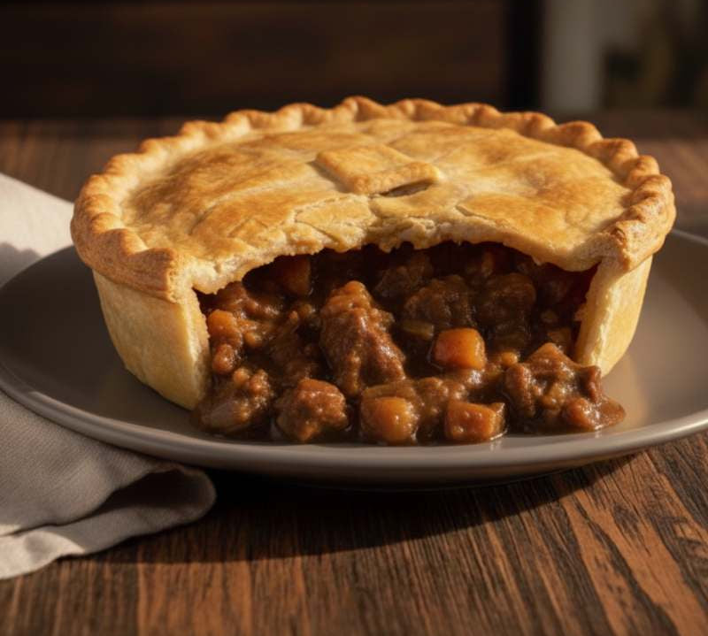 Family-size Lamb & Mint Pie with golden shortcrust pastry and slow-cooked lamb in mint gravy.