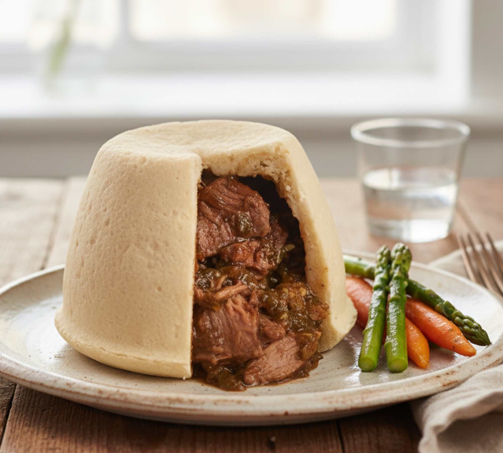 Lamb & Mint Suet Pudding in rich suet pastry, traditional British comfort meal.