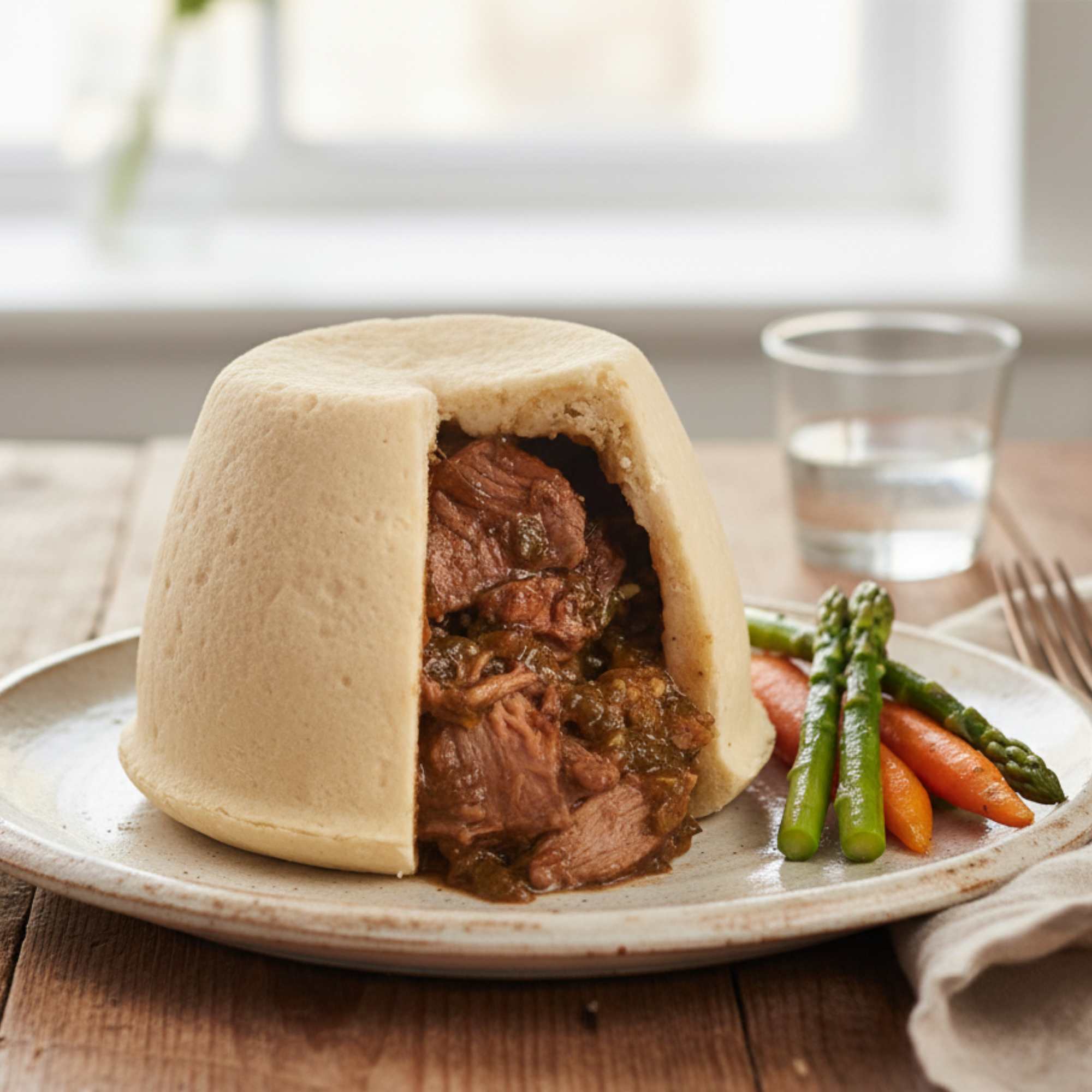 Lamb & Mint Suet Pudding in rich suet pastry, traditional British comfort meal.