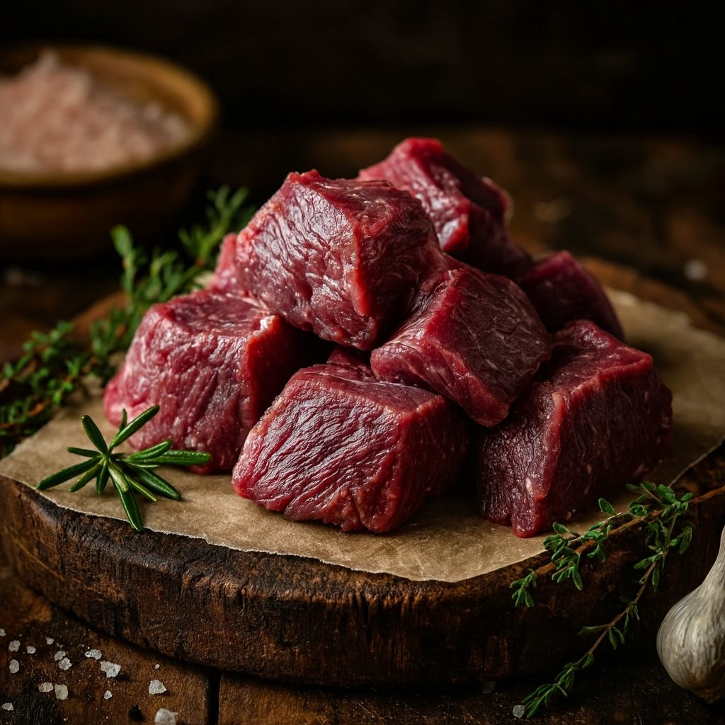 Raw lamb neck cubes on a wooden board with herbs and spices
