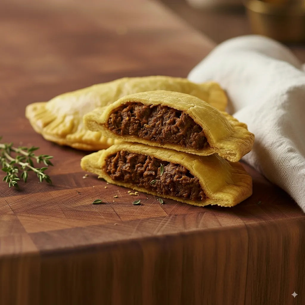 2 x Authentic Caribbean Patties, (180g each) – Choice of Chicken, Jerk, Lamb, Saltfish & Vegetable