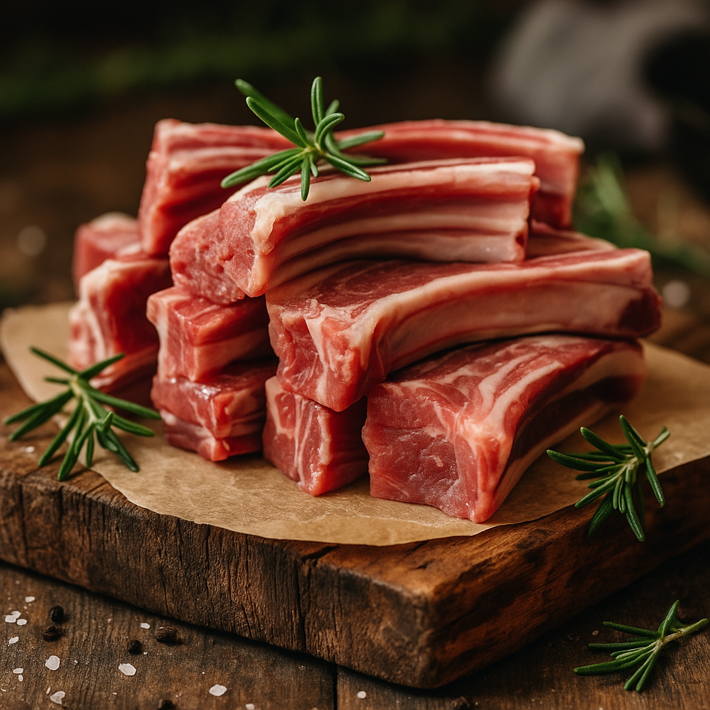 Raw lamb ribs stacked on parchment paper atop a rustic wooden surface, garnished with rosemary sprigs and scattered sea salt, ready for cooking.