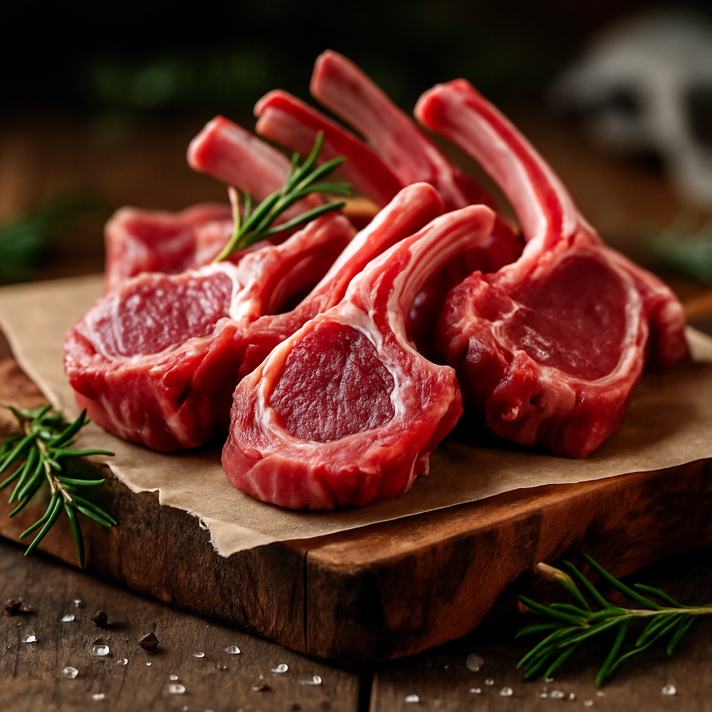 Raw lamb chops on a wooden cutting board with herbs