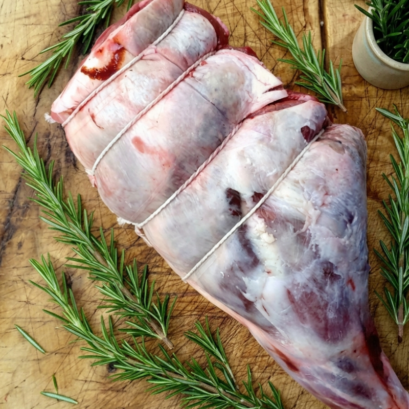 Raw meat with string on a wooden cutting board with rosemary sprigs