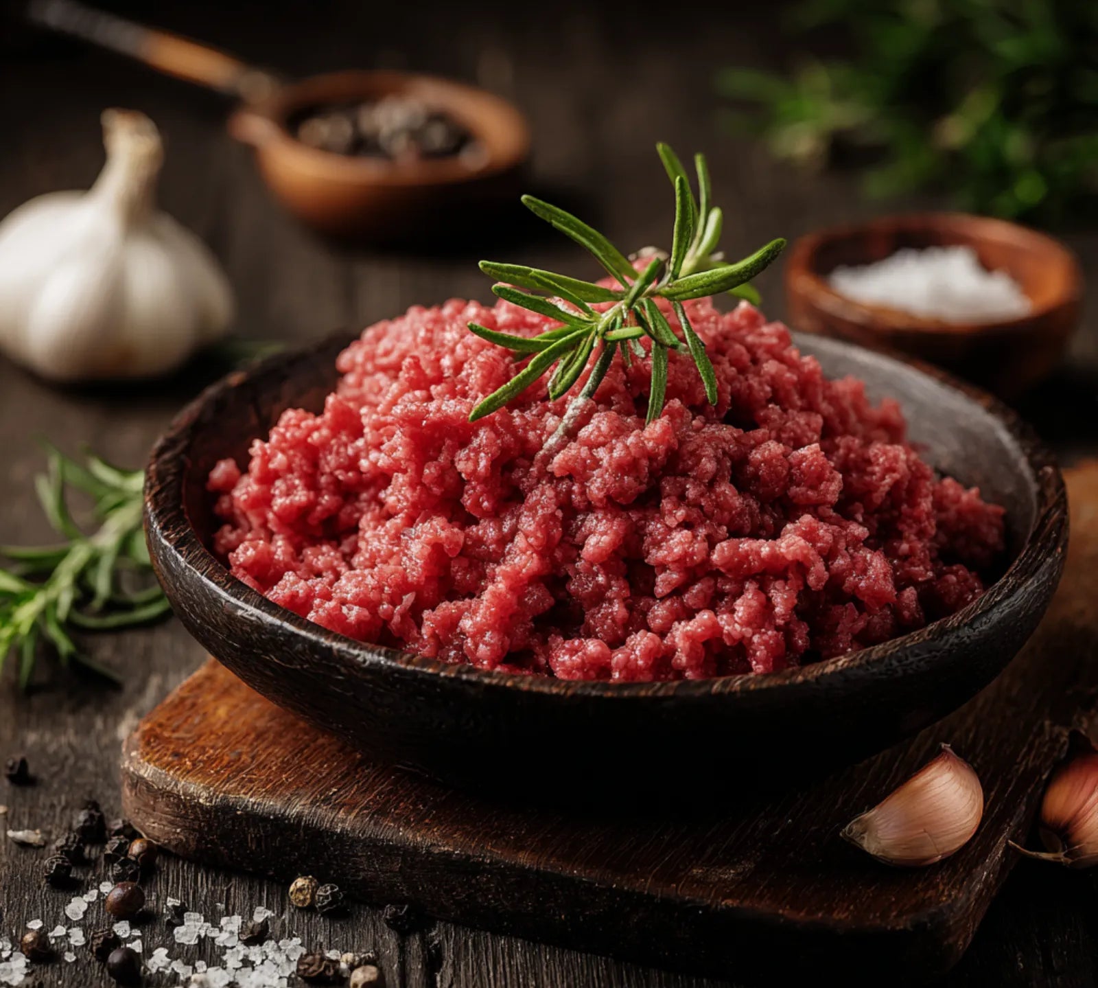 Ground meat in a wooden bowl with rosemary on a rustic background