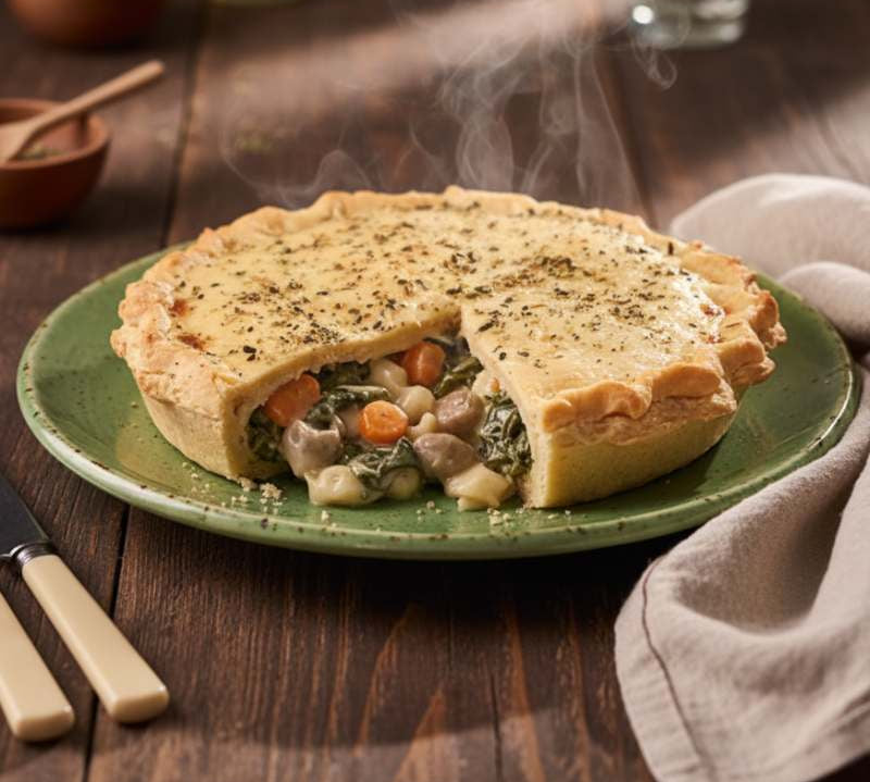 Handmade Mushroom & Spinach Pie with golden shortcrust pastry and creamy vegetarian filling.