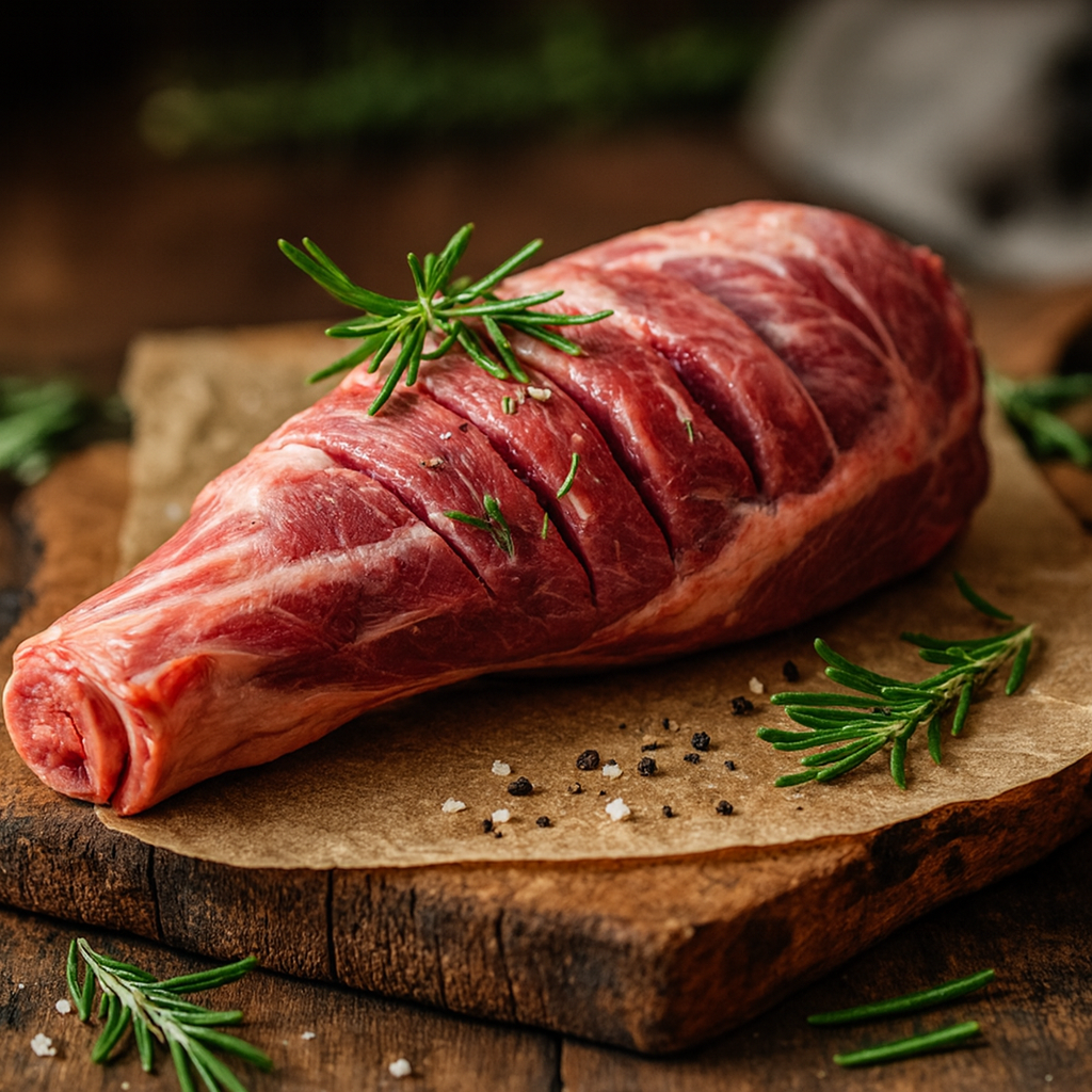 Raw Mutton with rosemary on a wooden cutting board
