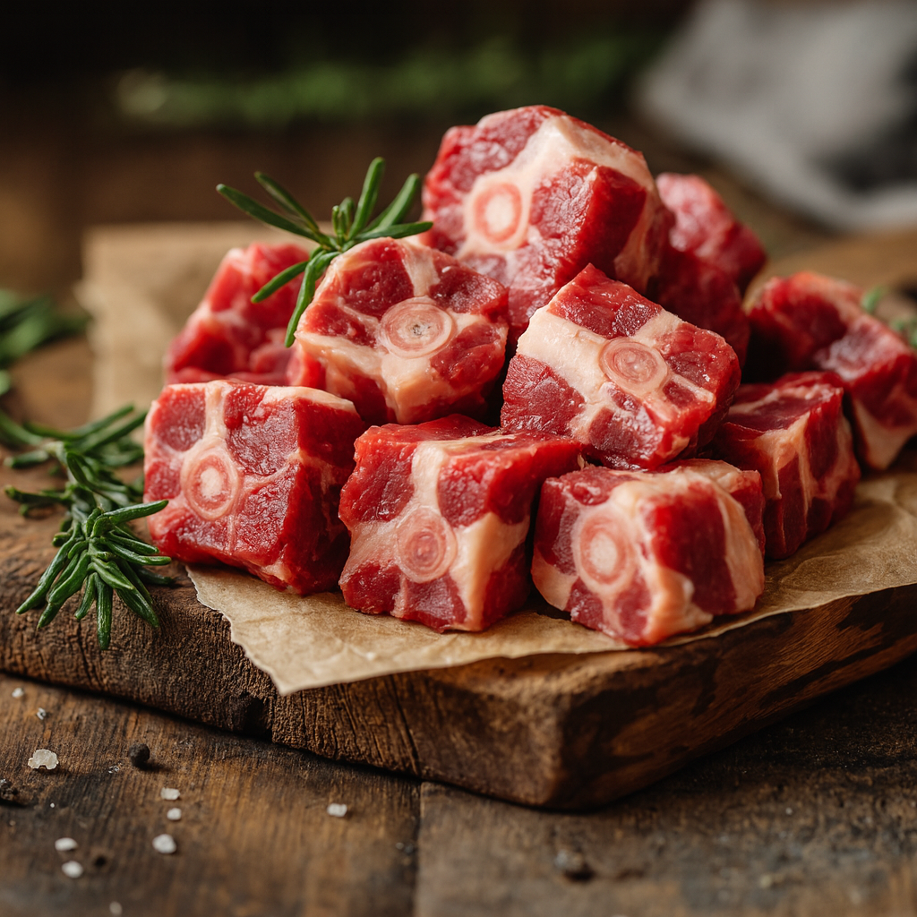 A high-resolution image showcasing chunks of raw mutton with bone, arranged on parchment paper atop a rustic wooden board, garnished with fresh rosemary and coarse sea salt.