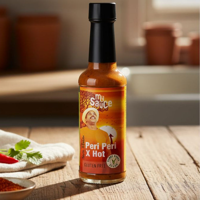 Peri Peri X Hot sauce bottle on a wooden table with ingredients in the background
