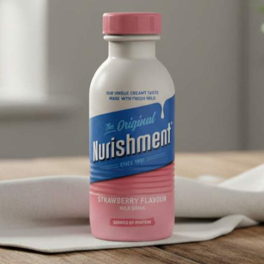 Bottle of Nurishment strawberry flavor on a wooden surface with a neutral background