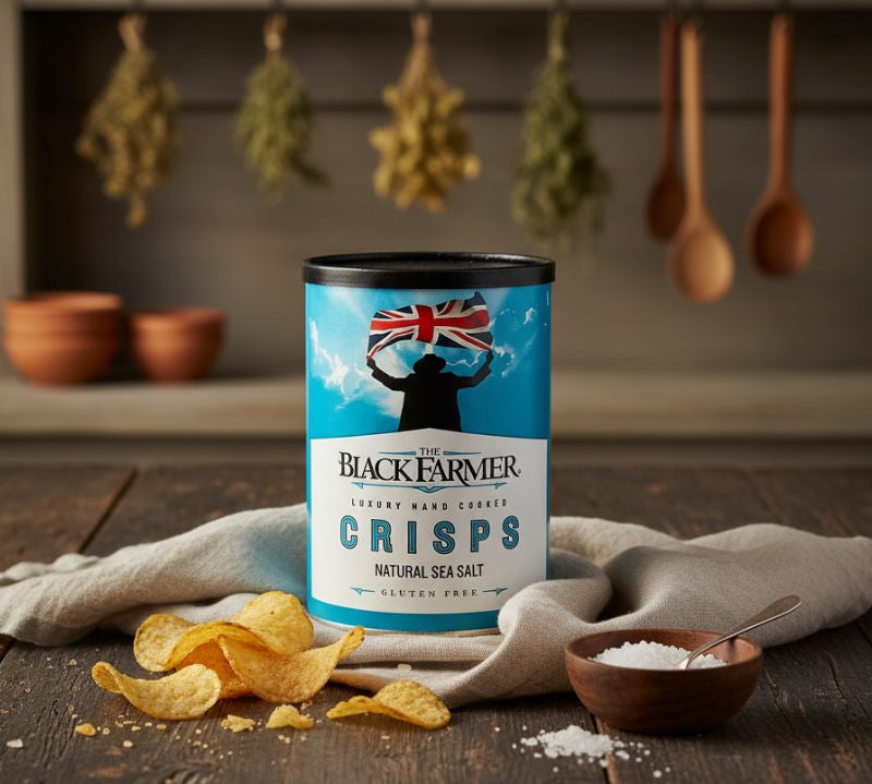 Can of Black Farmer Crisps on a wooden surface with chips and sea salt.