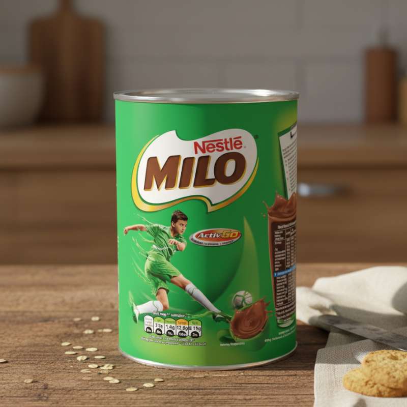 Nestle Milo packaging on a wooden table with a cup of coffee