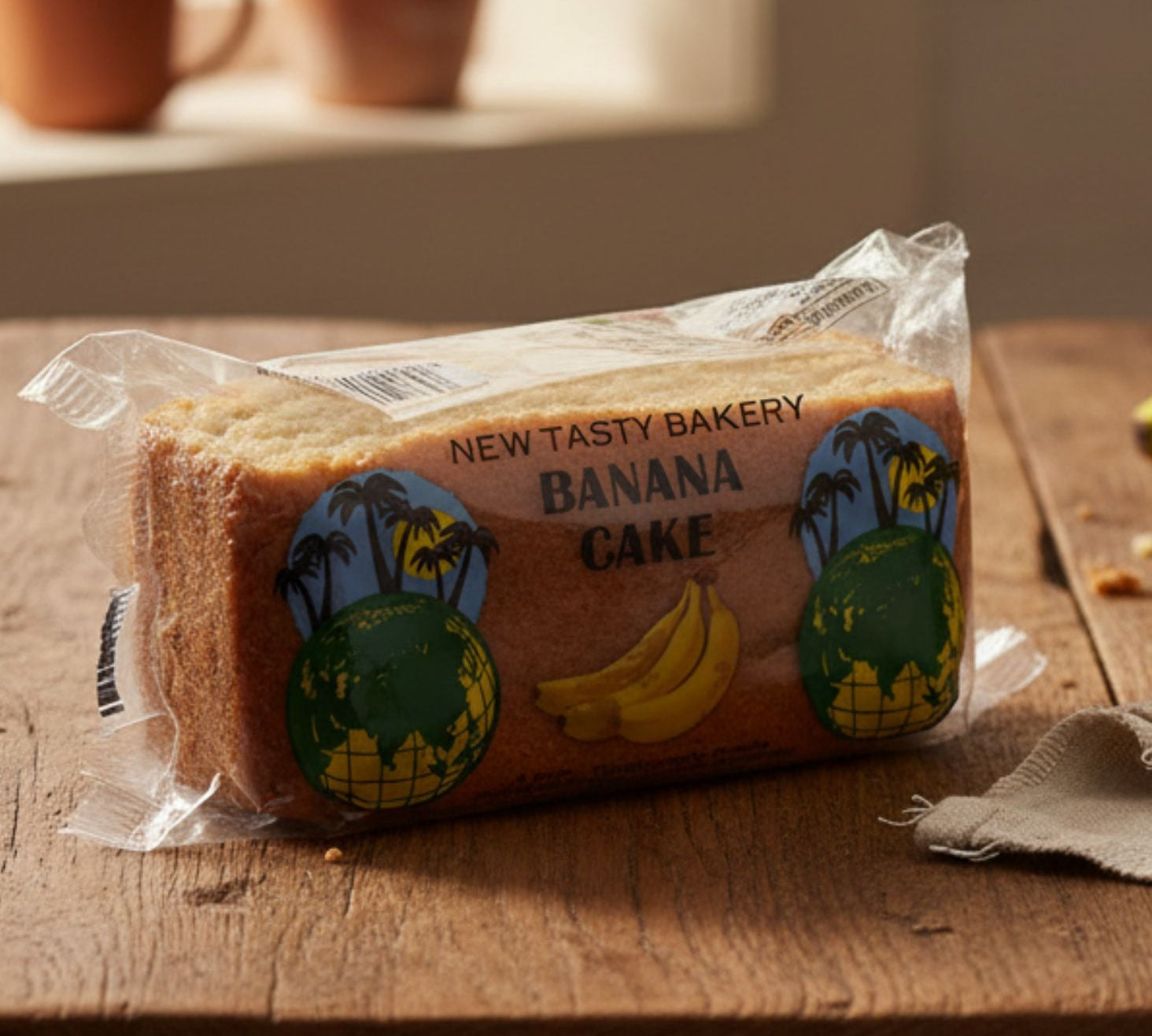 Packaged banana cake on a wooden table with a window and plants in the background