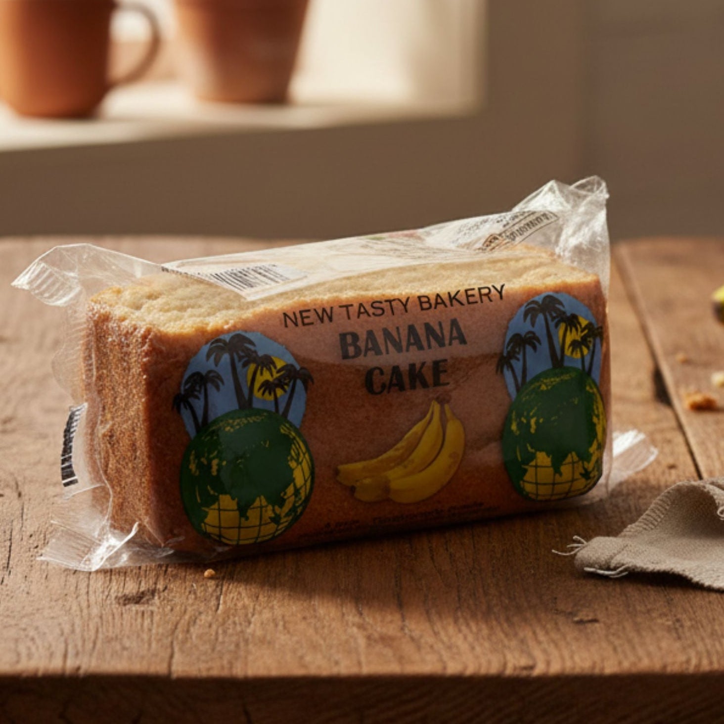 Packaged banana cake on a wooden table with a window and plants in the background