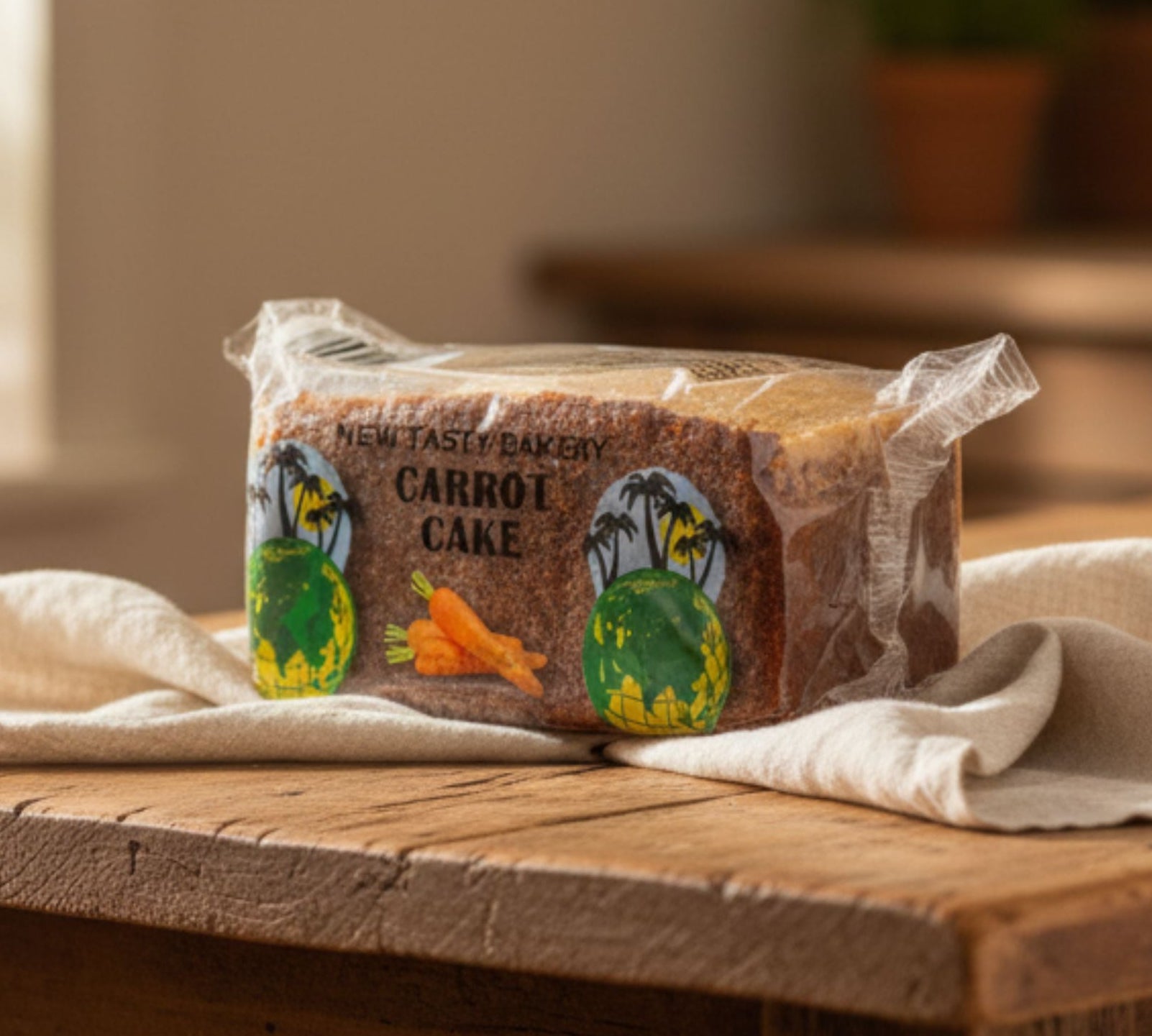 Packaged carrot cake on a wooden table with a blurred background