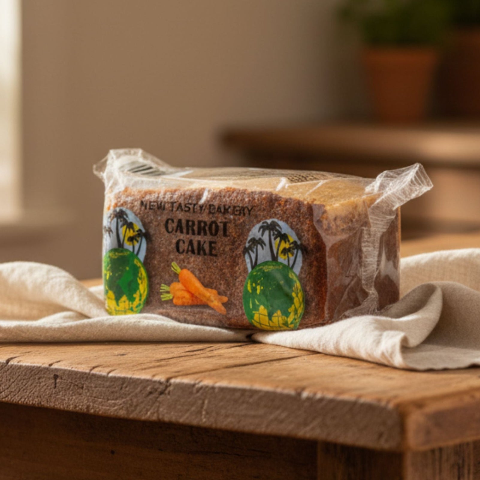 Packaged carrot cake on a wooden table with a blurred background