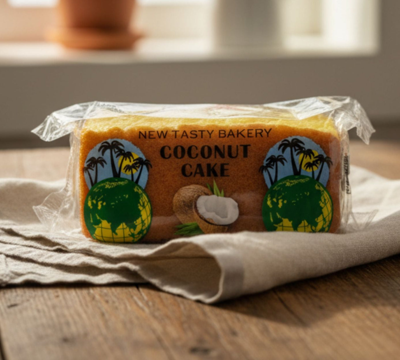 Packaged coconut cake on a wooden table with plants in the background