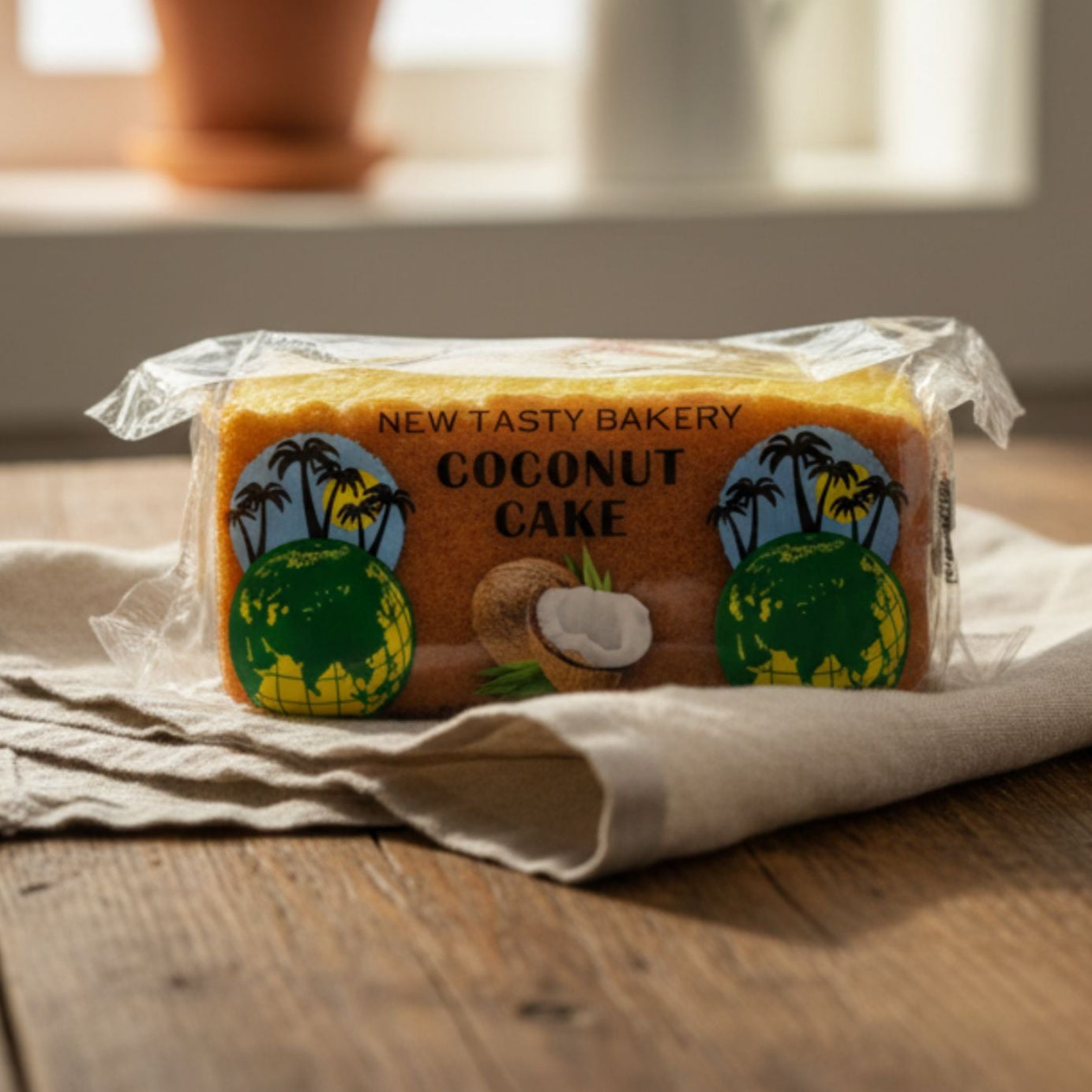 Packaged coconut cake on a wooden table with plants in the background