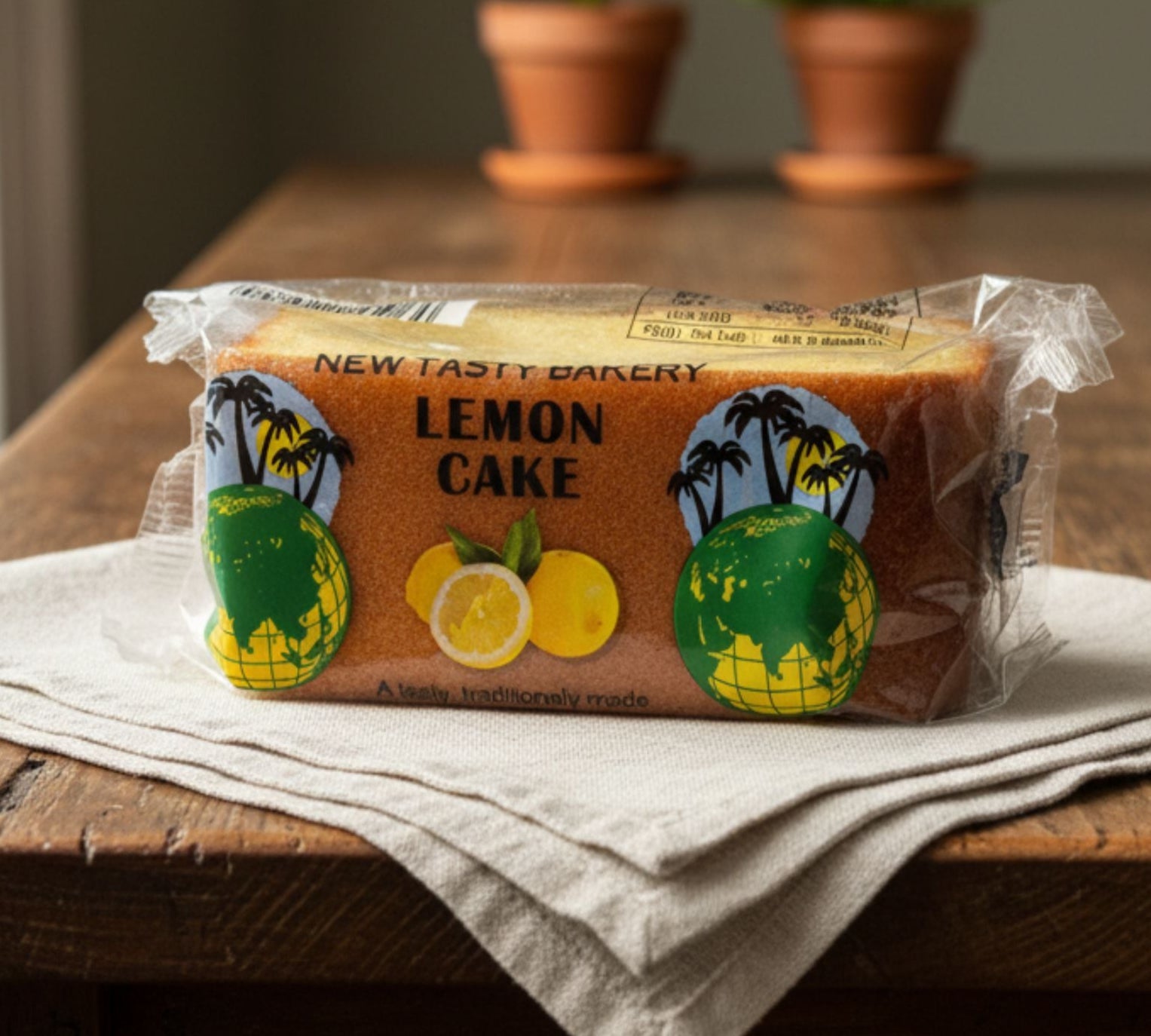 Packaged lemon cake on a wooden table with plants in the background