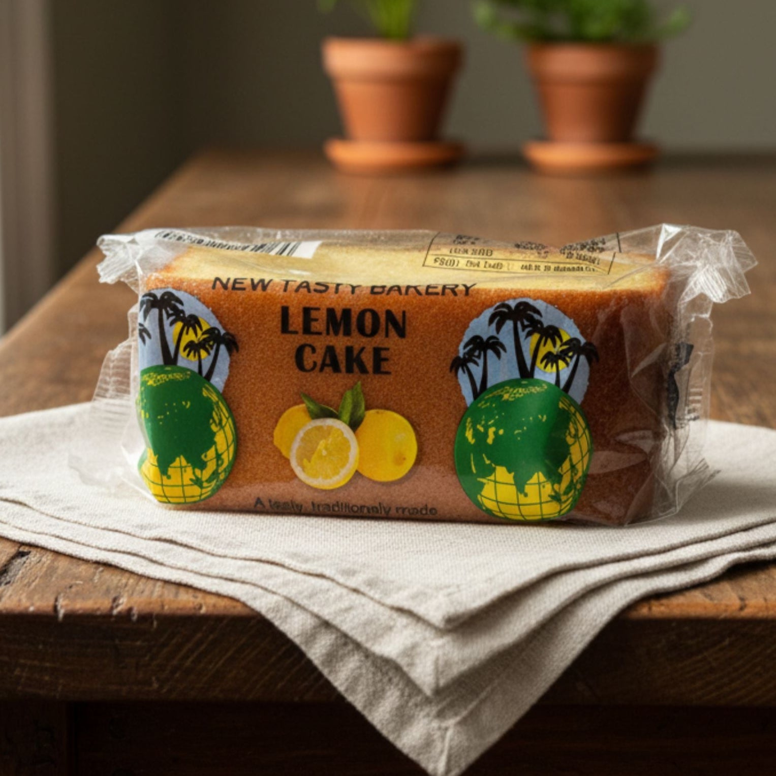Packaged lemon cake on a wooden table with plants in the background