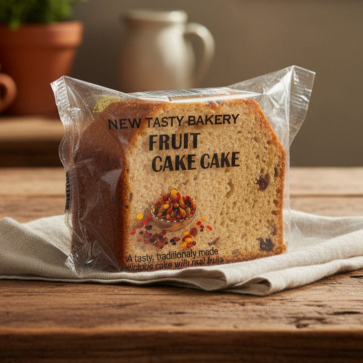 Packaged fruit cake on a wooden table with a homey background
