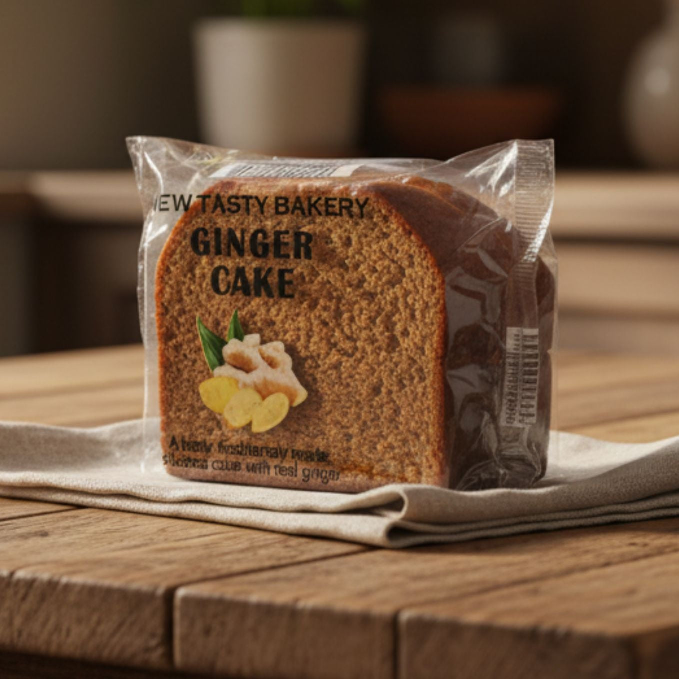 Packaged ginger cake from New Tasty Bakery on a wooden table with a blurred background
