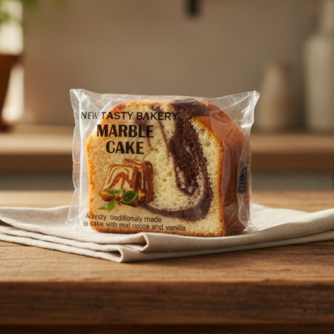 Packaged marble cake from New Tasty Bakery on a wooden table with a blurred kitchen background.