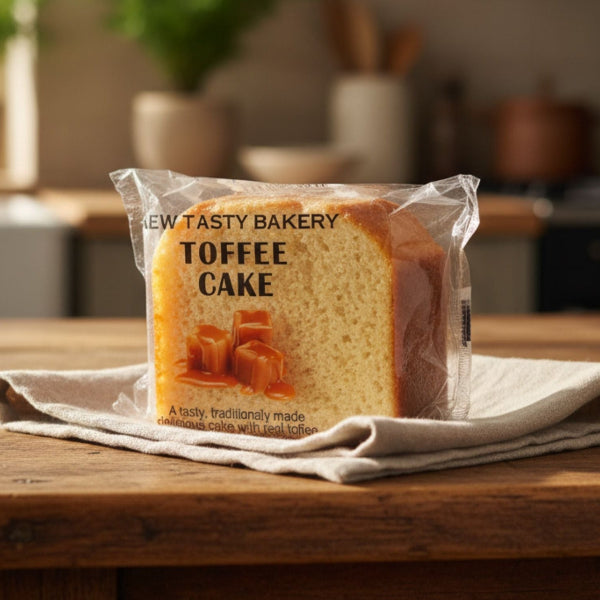 Packaged toffee cake from New Tasty Bakery on a wooden table with a kitchen background