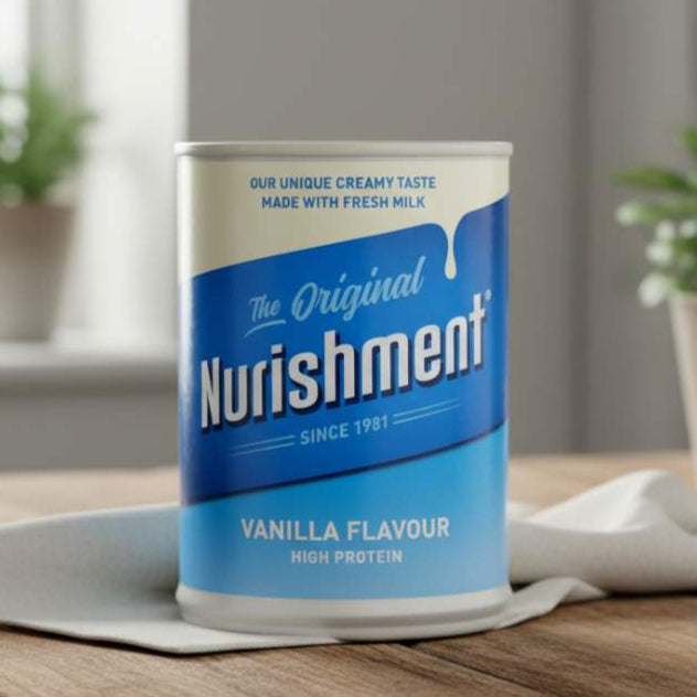 Nurishment vanilla flavour high protein can on a wooden surface with plants in the background
