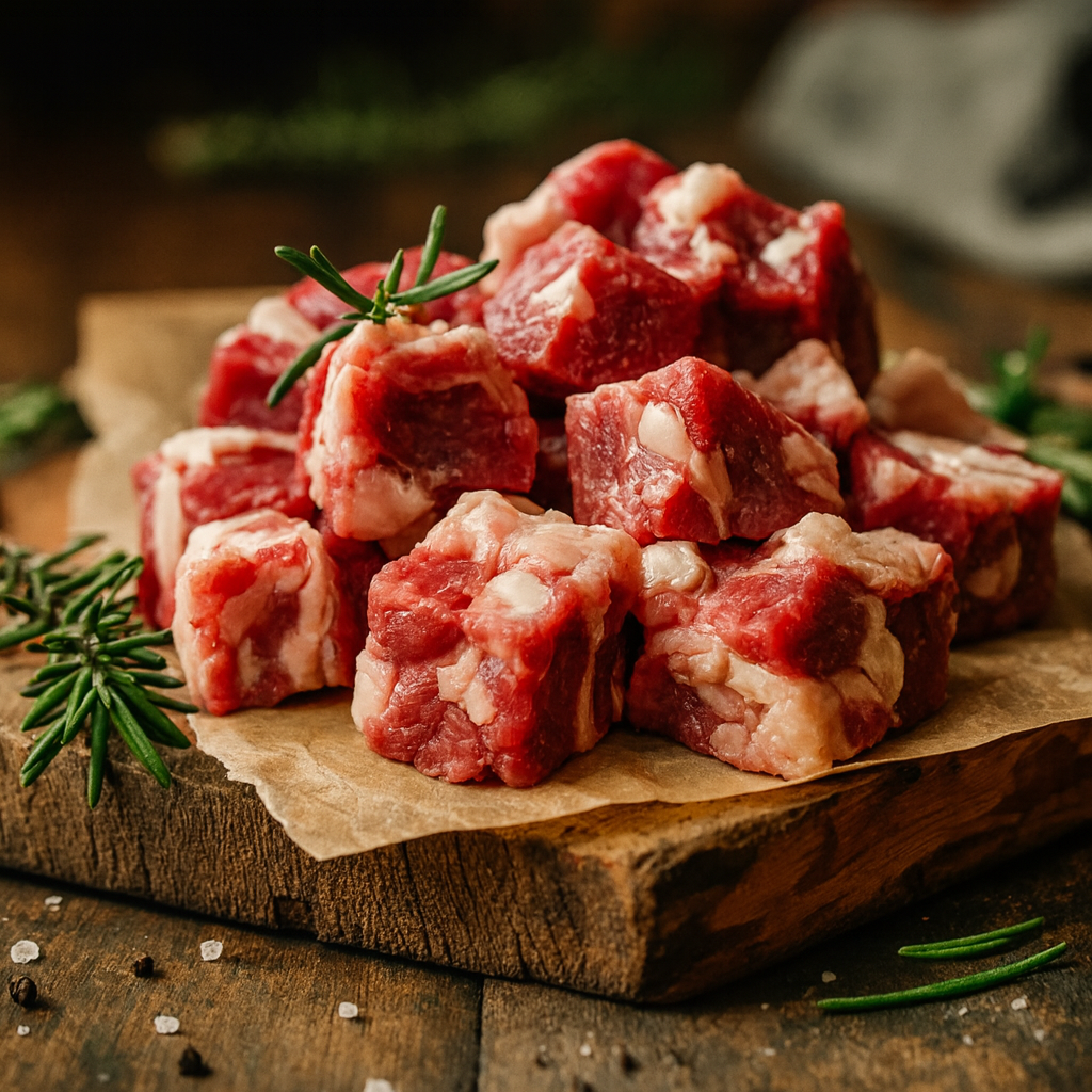 Raw diced oxtail with visible fat marbling, arranged on parchment paper atop a rustic wooden board, garnished with sprigs of rosemary and scattered salt crystals