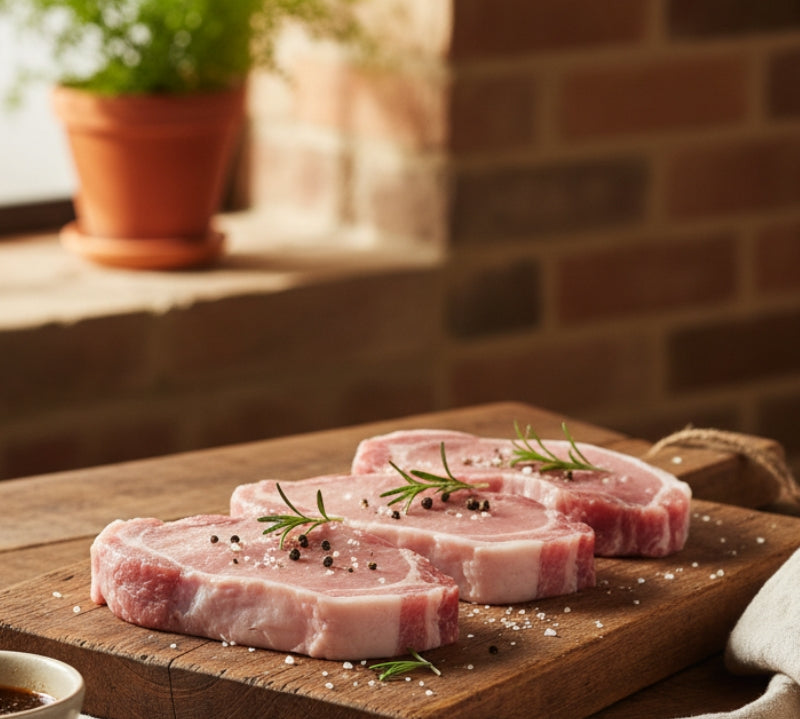 Raw British Pork Loin Steaks from The Black Farmer – premium butcher’s cut, fresh and high-protein meat