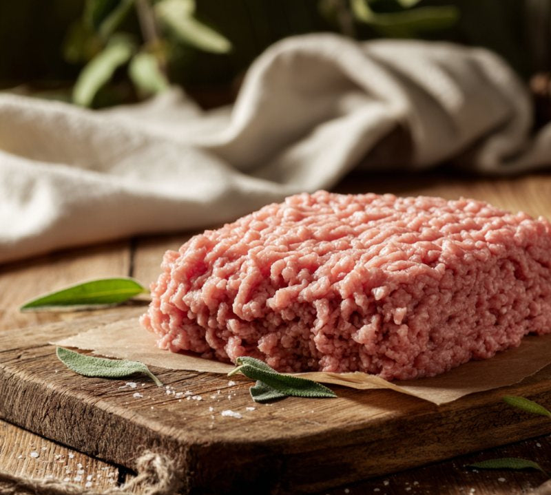 Raw ground meat on a wooden cutting board with sage leaves and a cloth in the background