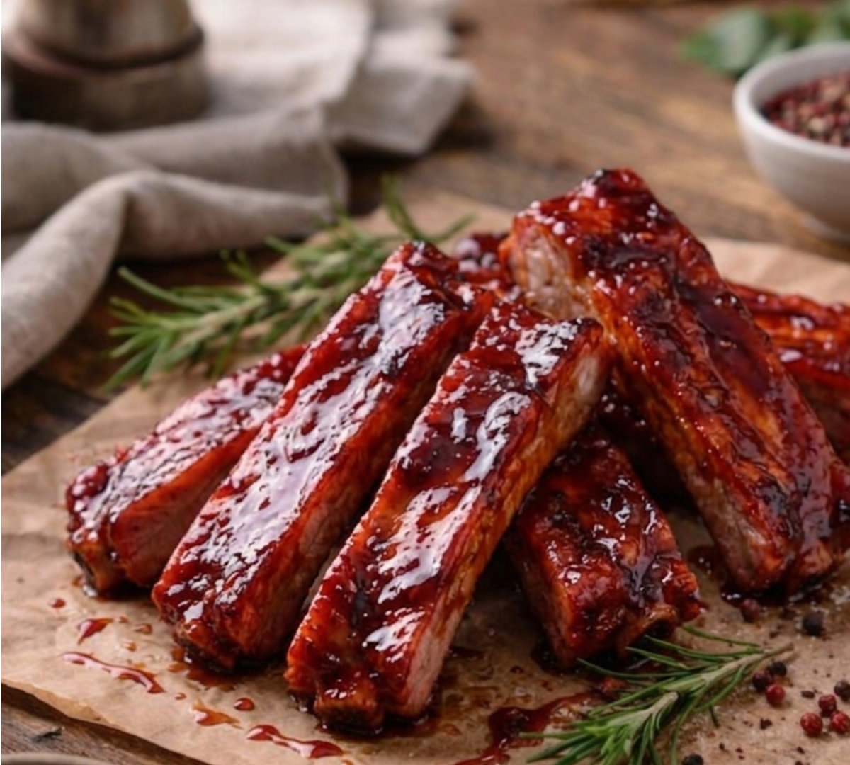 Baked ribs with a glaze on a wooden board with rosemary sprigs.