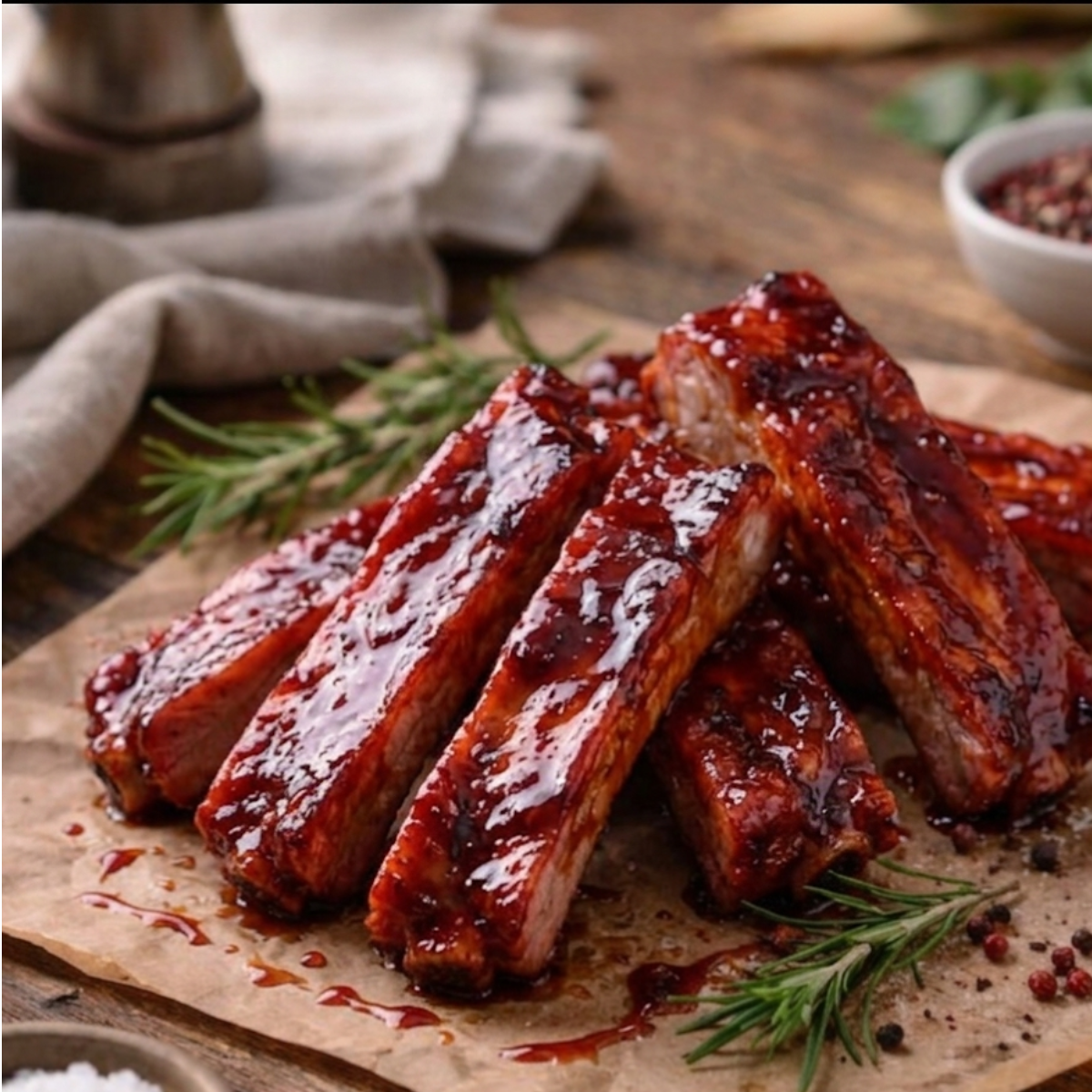 Baked ribs with a glaze on a wooden board with rosemary sprigs.
